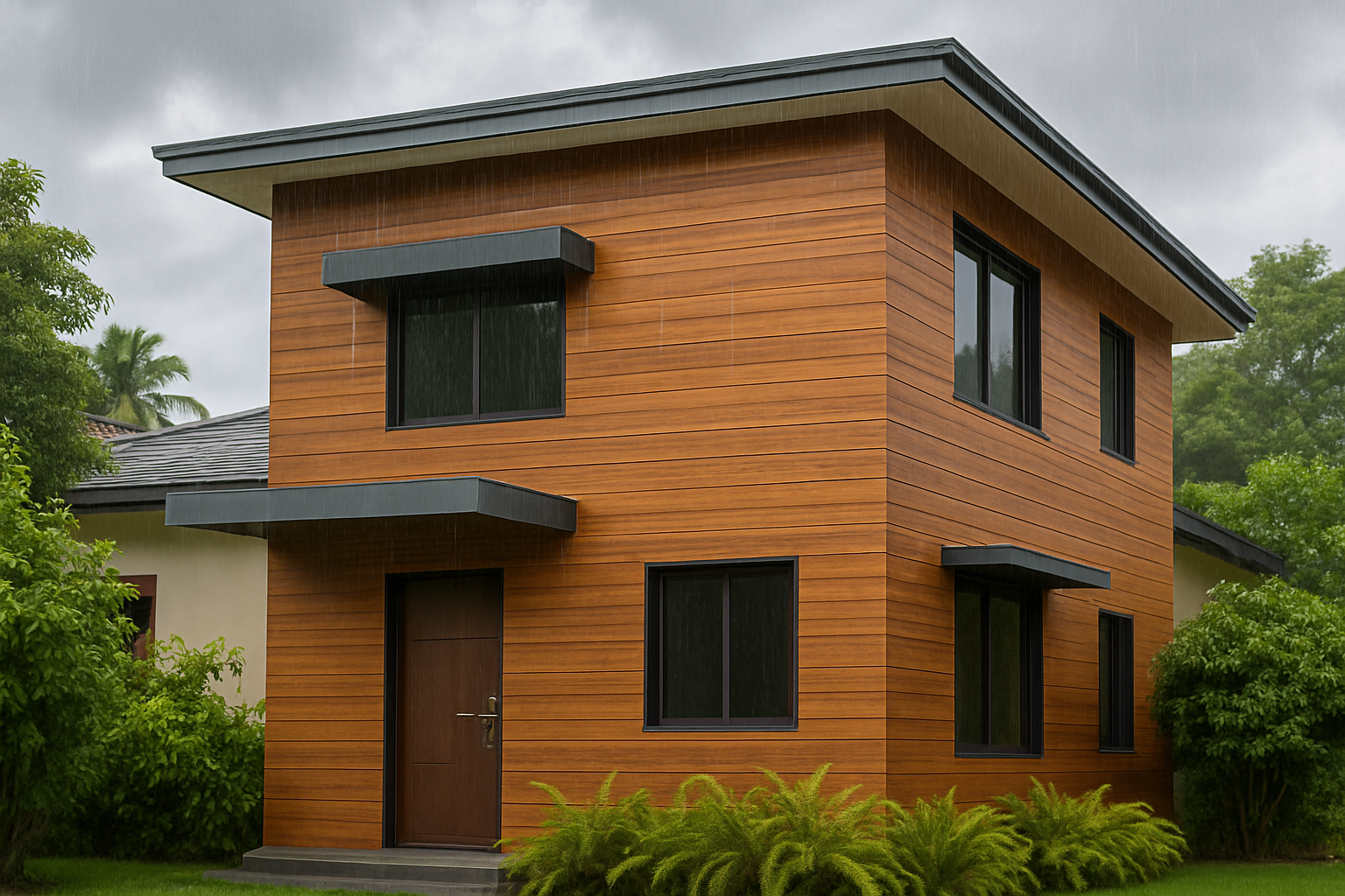 Modern home protected by HPL exterior sheets during rain with waterproof cladding