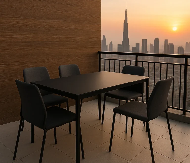 Modern balcony dining set with matte black HPL sheet tabletop and HPL sheet wall, overlooking a city skyline at sunset
