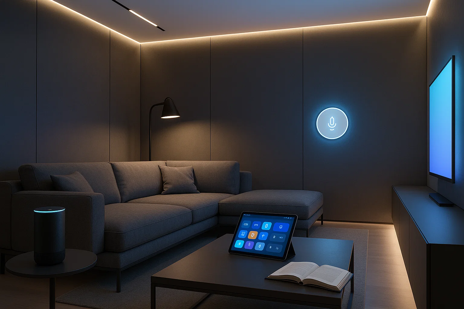 Smart living room with HPL sheet walls and integrated lighting