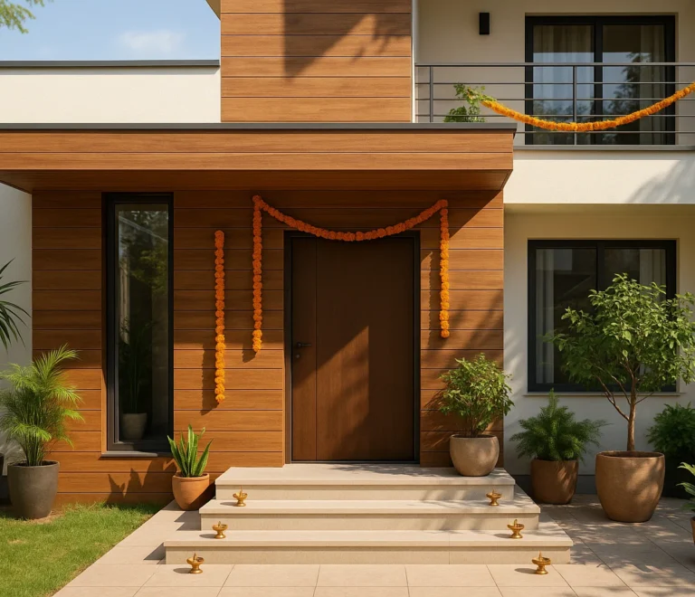 Modern Indian home exterior with wood-finish HPL cladding, daylight, eco-friendly Diwali decor including plants and diyas
