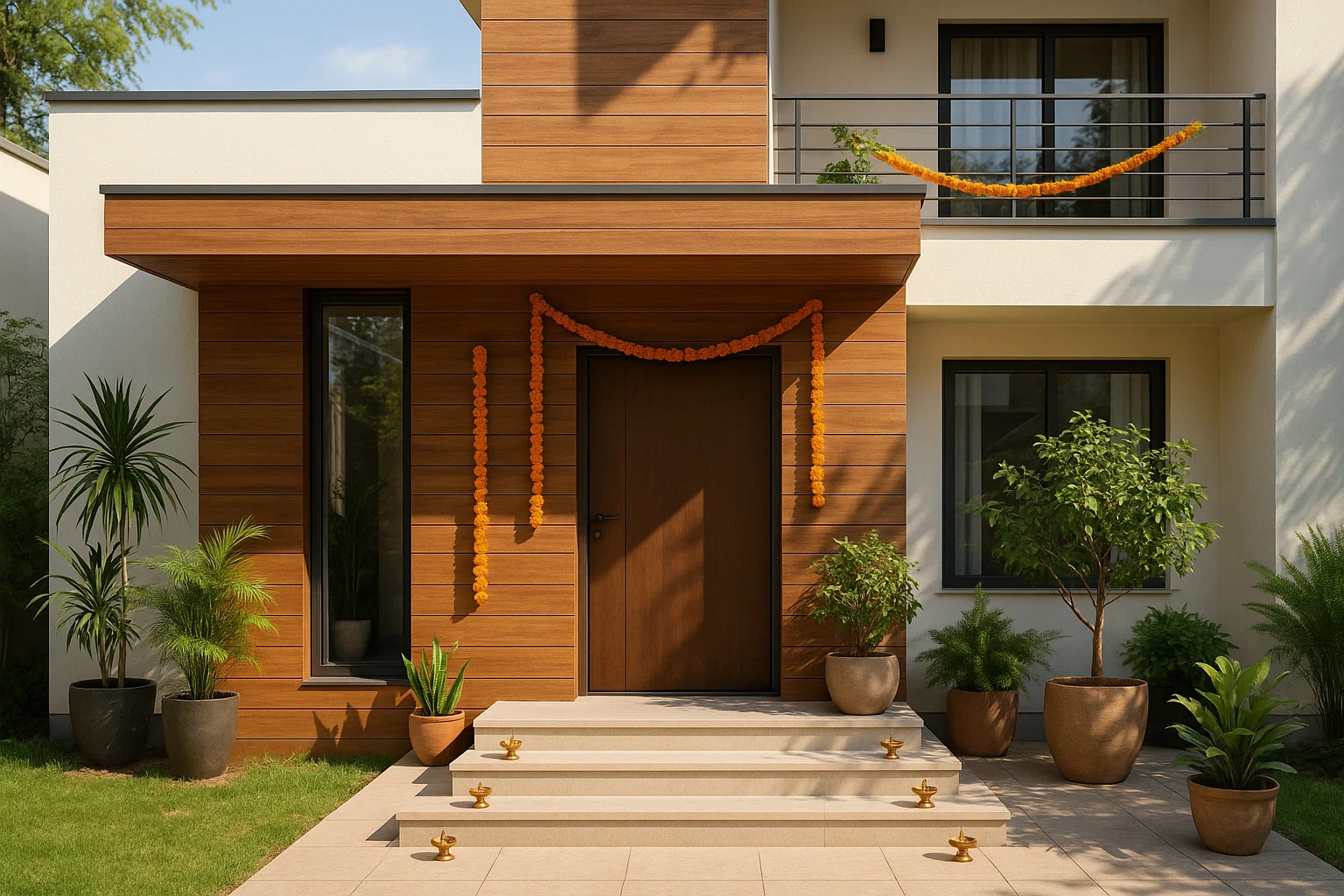 Modern Indian home exterior with wood-finish HPL cladding, daylight, eco-friendly Diwali decor including plants and diyas