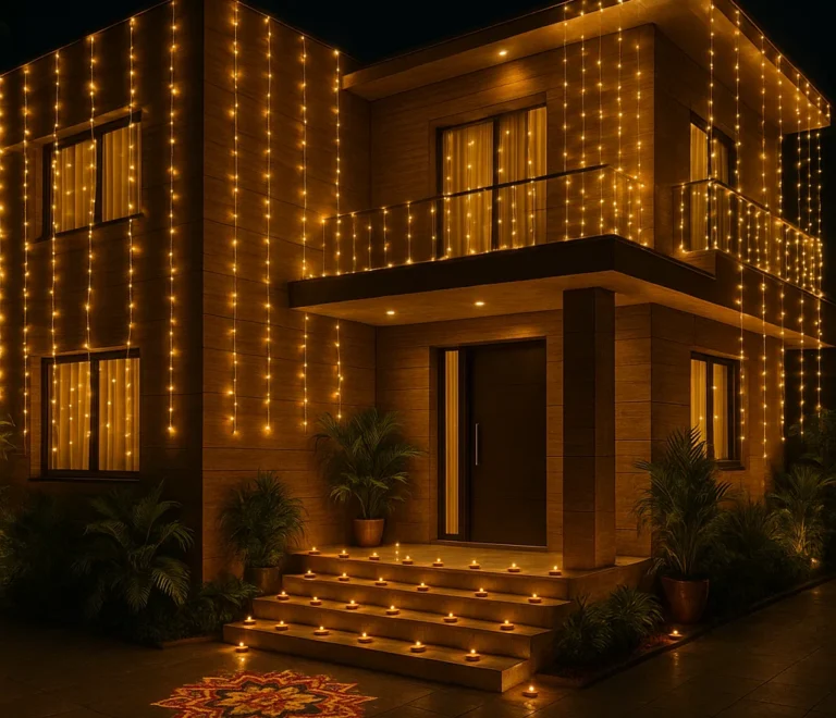 Modern Indian home decorated for Diwali with wood-textured HPL exterior sheets, string lights, and rangoli at the entrance