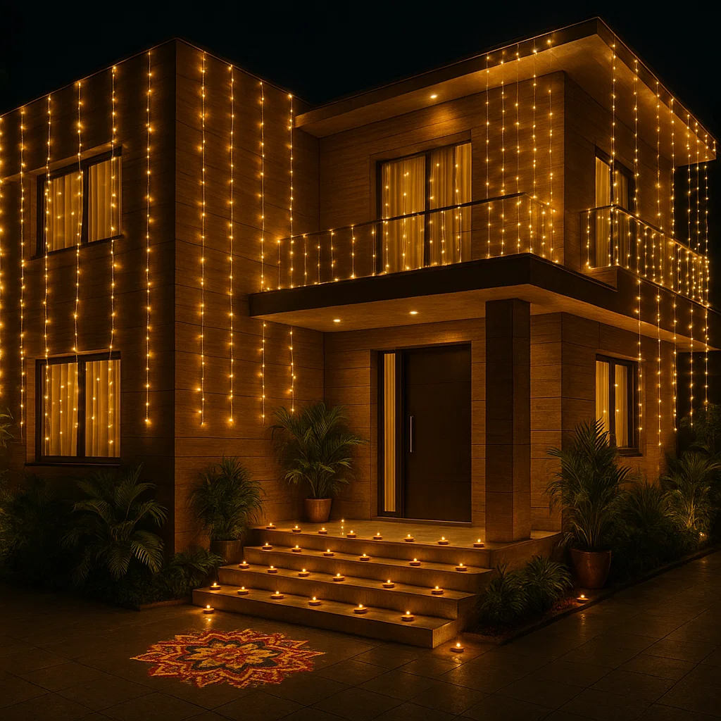 Modern Indian home decorated for Diwali with wood-textured HPL exterior sheets, string lights, and rangoli at the entrance