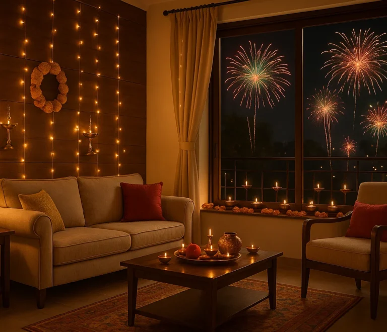 Warm wood-finish HPL accent wall in modern Indian living room with Diwali lights and firecrackers bursting outside the window