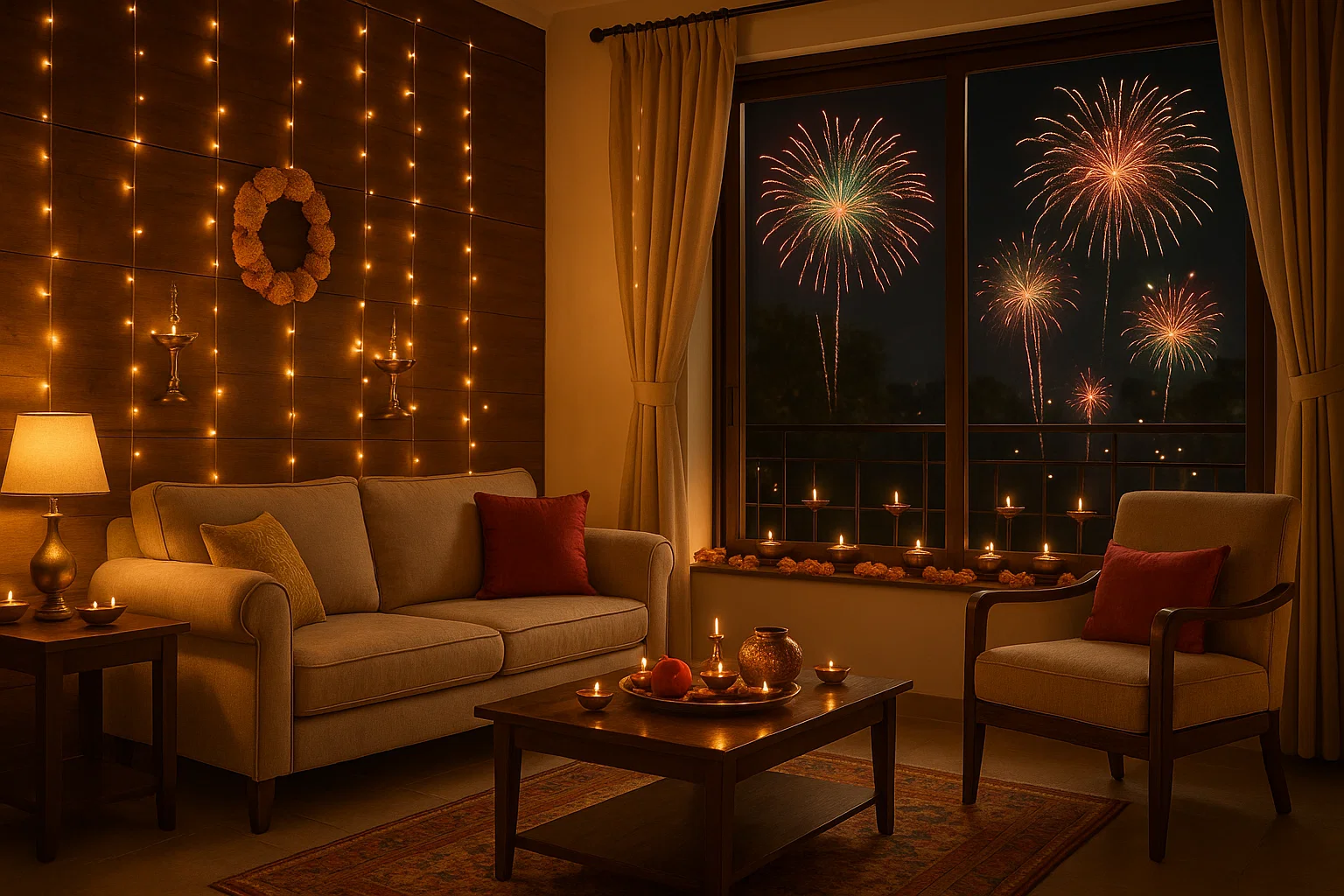 Warm wood-finish HPL accent wall in modern Indian living room with Diwali lights and firecrackers bursting outside the window