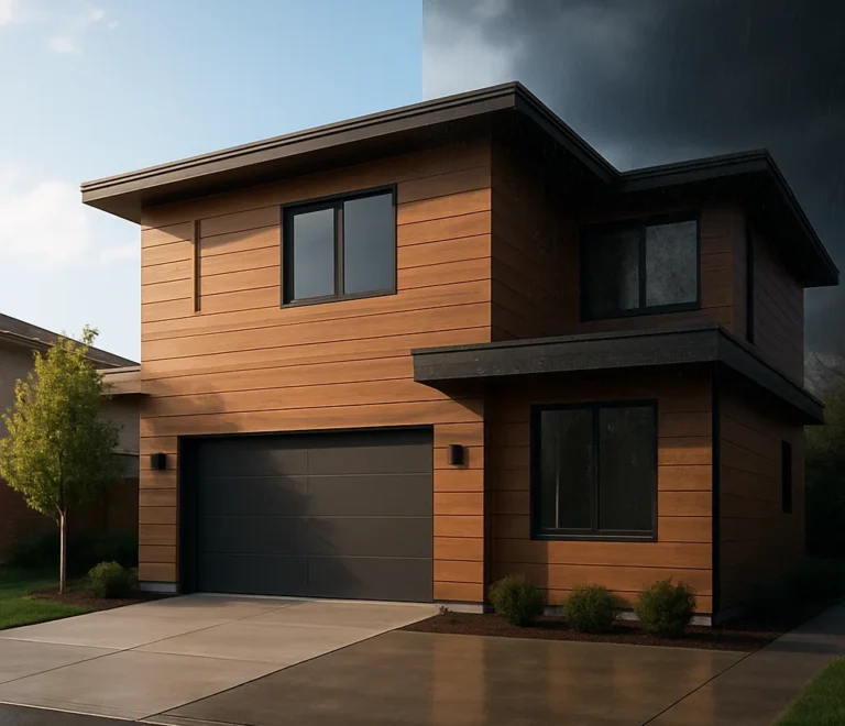 Weather-resistant wood finish HPL exterior sheet on modern American home facade under sun and storm