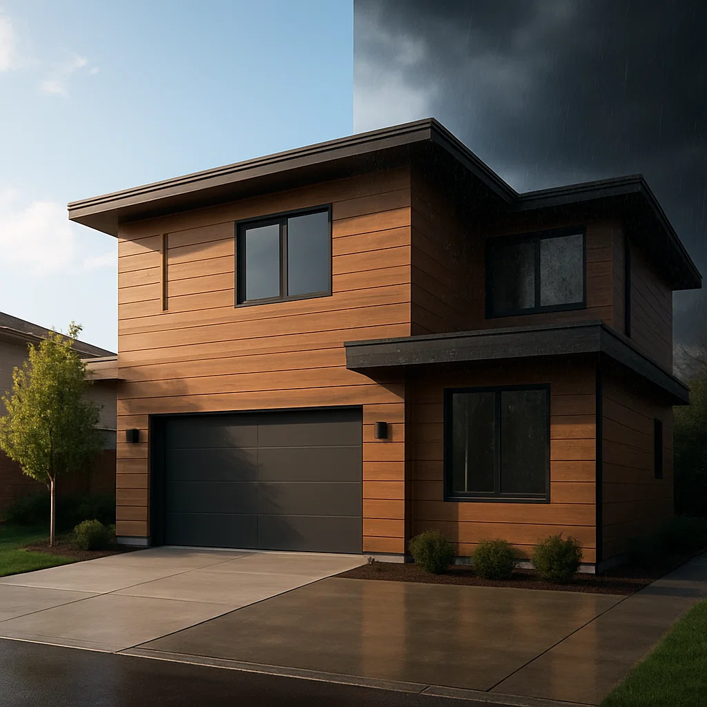 Weather-resistant wood finish HPL exterior sheet on modern American home facade under sun and storm