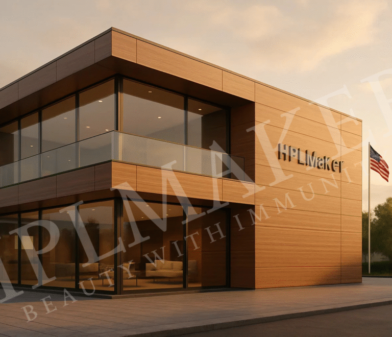 “Premium wood-finish HPL sheet façade by HPLMaker on modern global showroom exterior – photorealistic export-ready cladding design”