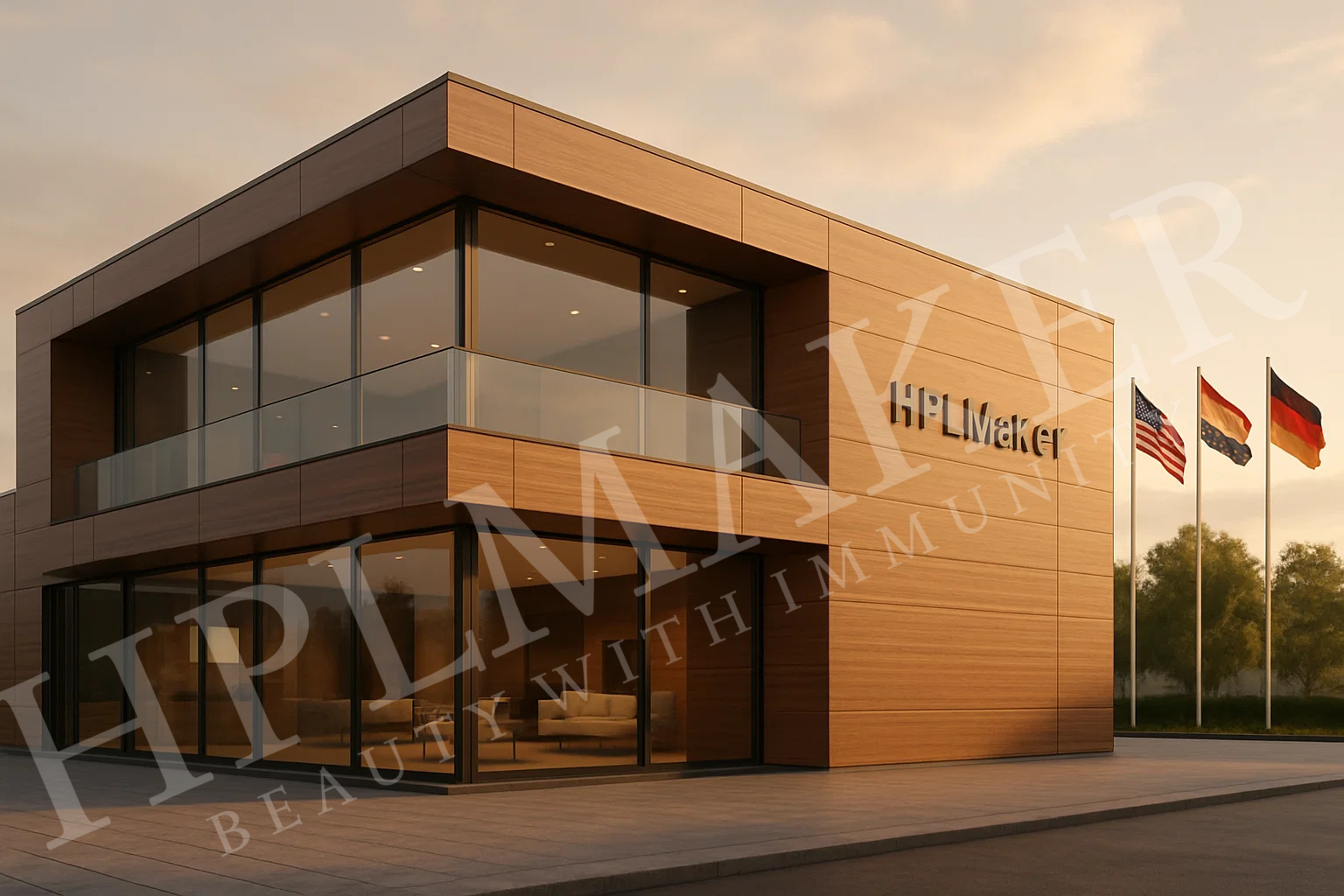 “Premium wood-finish HPL sheet façade by HPLMaker on modern global showroom exterior – photorealistic export-ready cladding design”