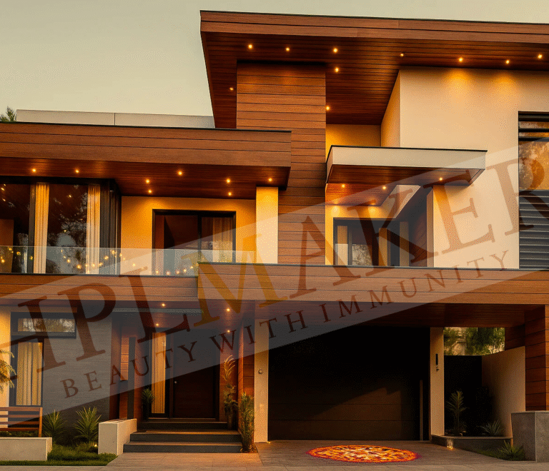 Modern Indian luxury villa exterior with wood-finish HPLMaker HPL sheets and landscaped garden
