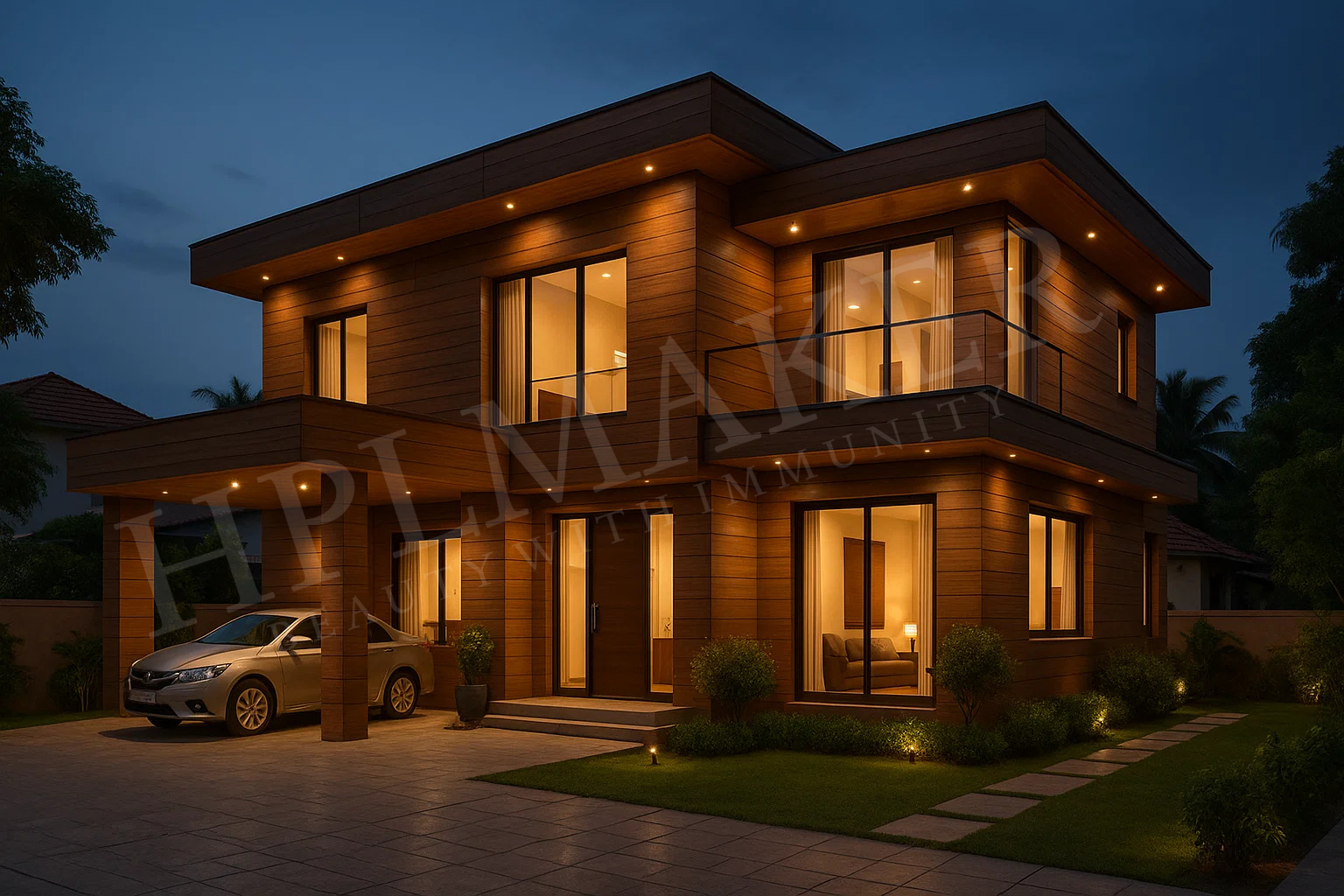 Modern villa exterior with wood-finish HPL sheets by HPLMaker