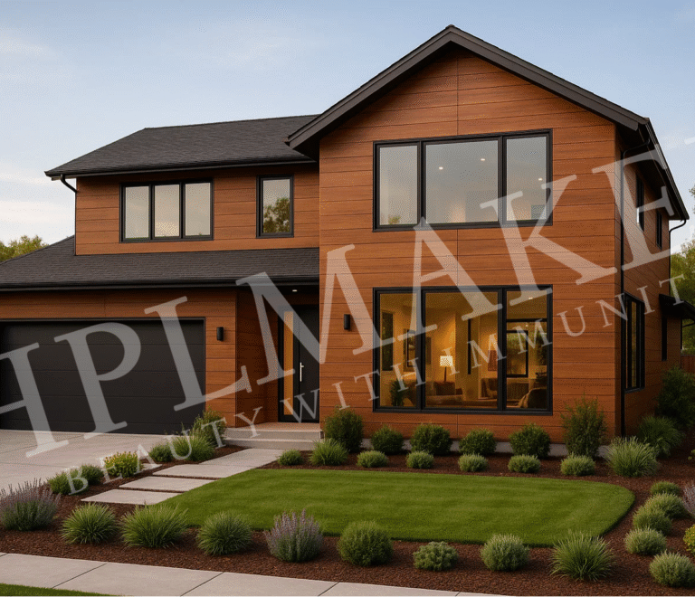 Modern American home exterior clad with HPL Maker wood-finish sheets