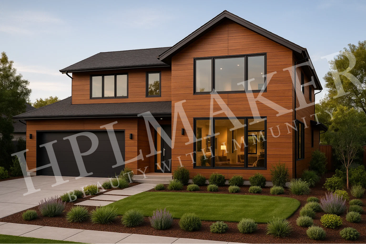 Modern American home exterior clad with HPL Maker wood-finish sheets