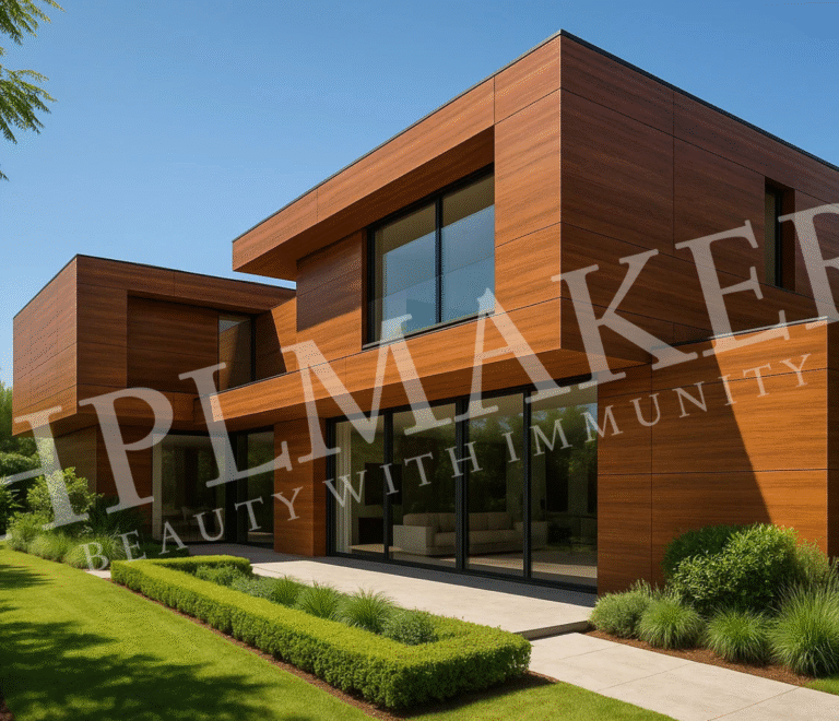 architectural photo of a modern luxury villa exterior clad with rich wood-finish HPL sheets,