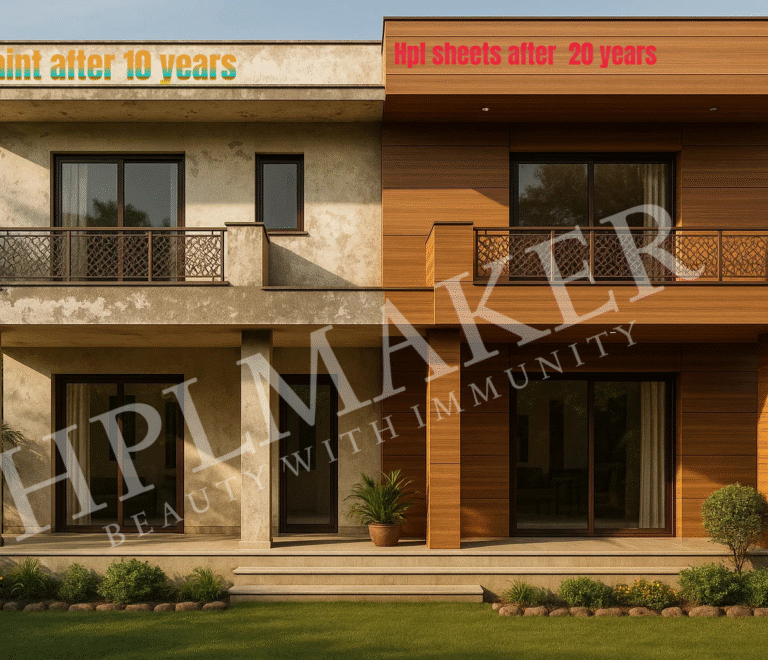 Modern Indian luxury villa exterior comparing faded paint vs premium HPL sheets by HPLMaker – wood finish, durable and stylish design.