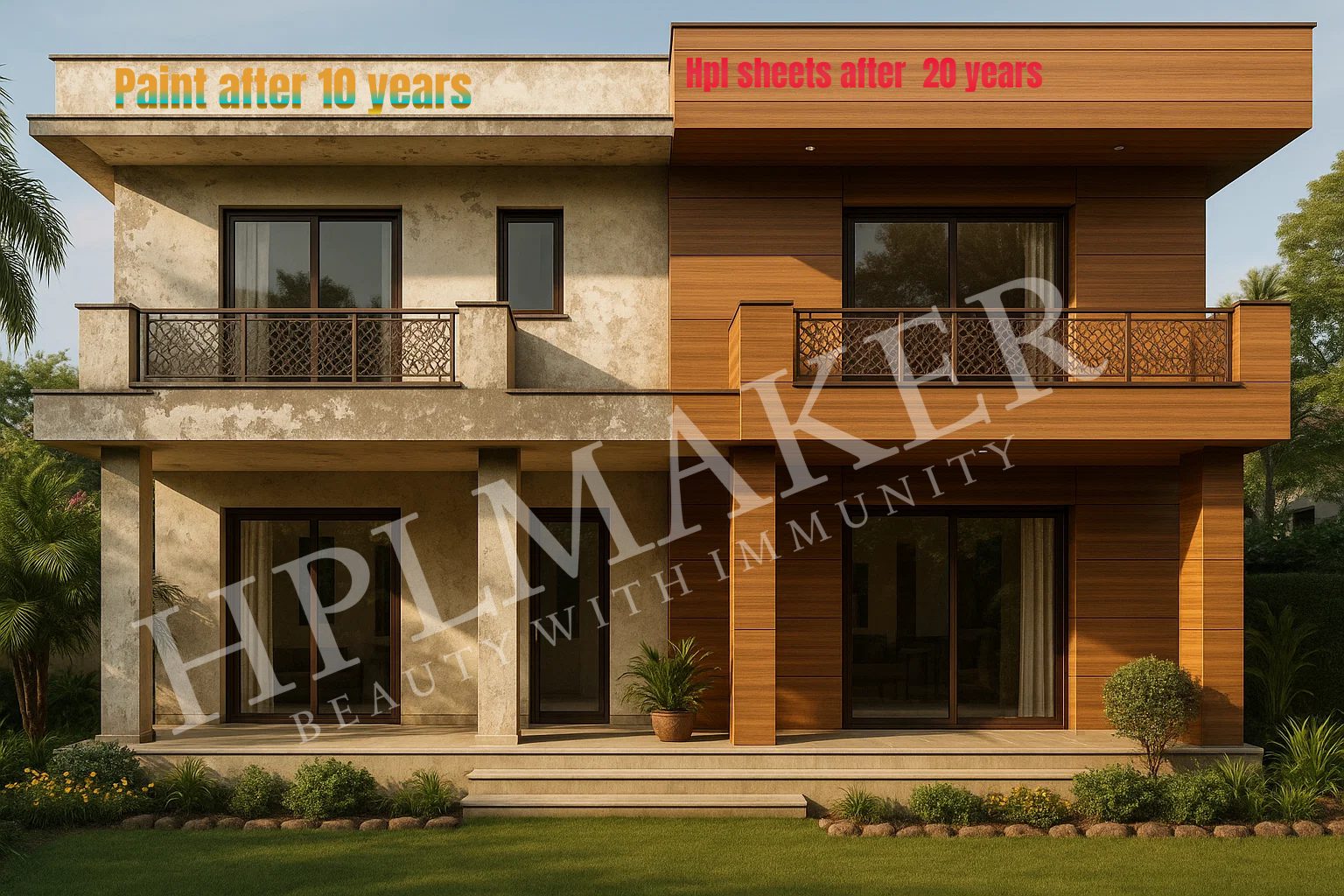 Modern Indian luxury villa exterior comparing faded paint vs premium HPL sheets by HPLMaker – wood finish, durable and stylish design.
