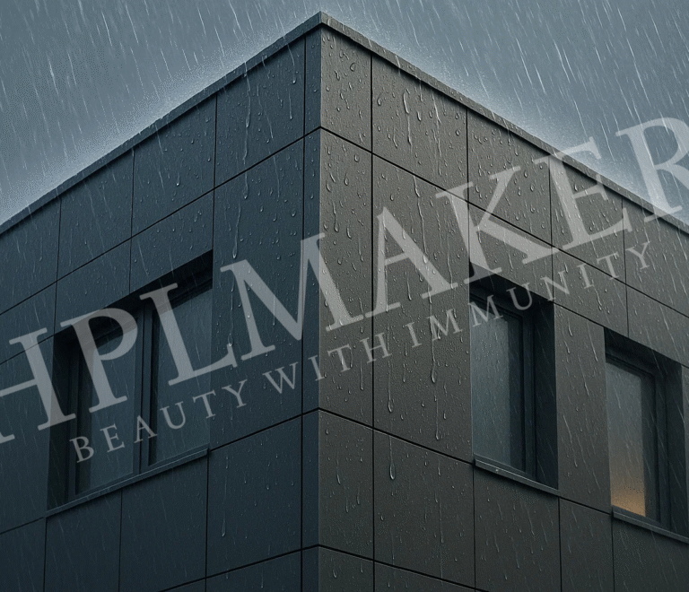 A modern building exterior clad with HPL sheets standing strong in heavy rain
