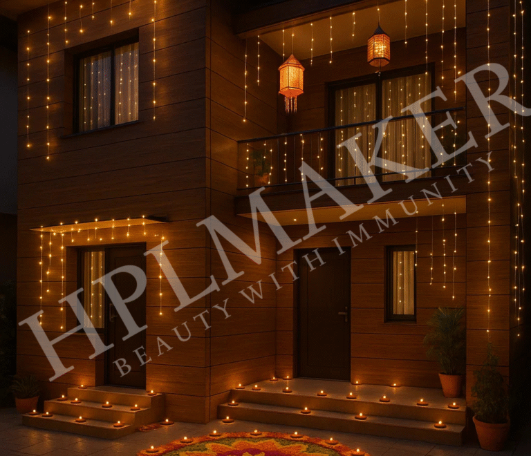 “Eco-friendly festive home decorated with wood-finish HPL sheets, Diwali lights, and natural rangoli”