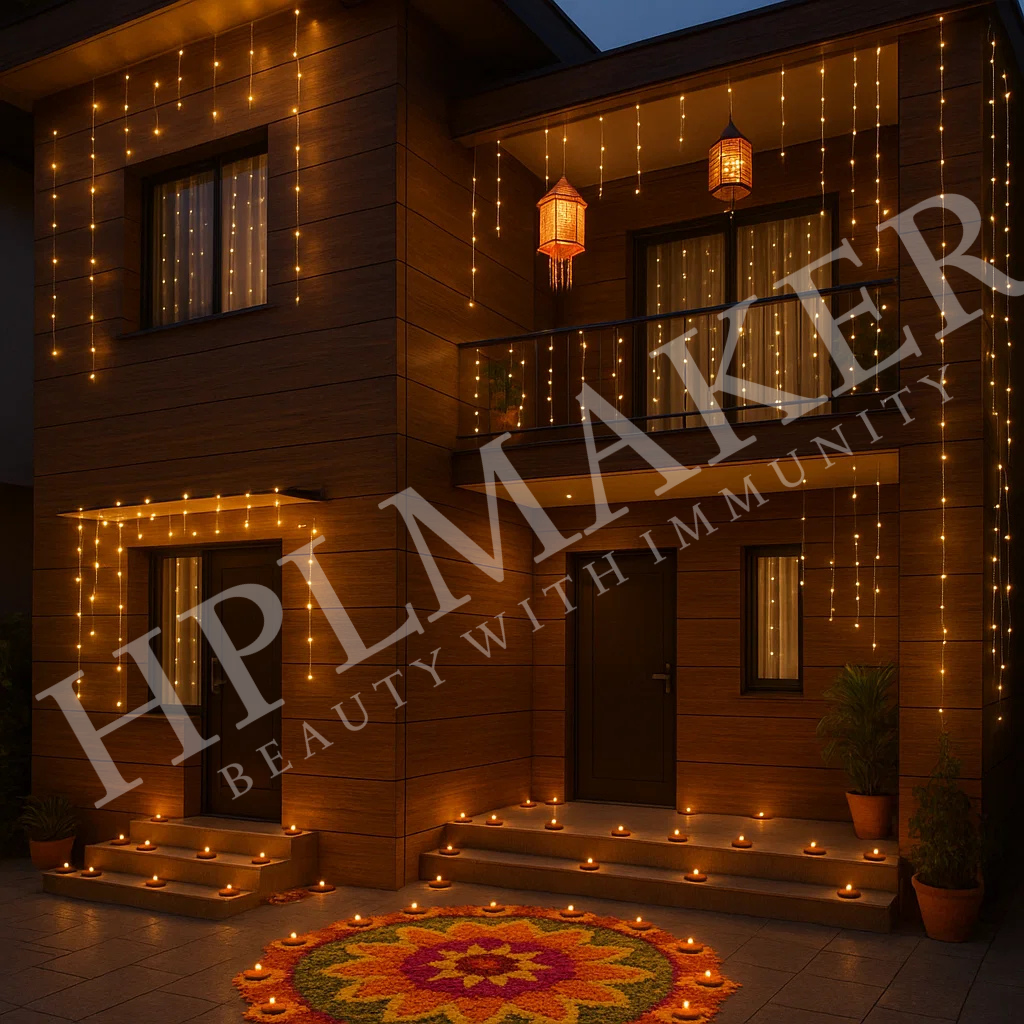 “Eco-friendly festive home decorated with wood-finish HPL sheets, Diwali lights, and natural rangoli”