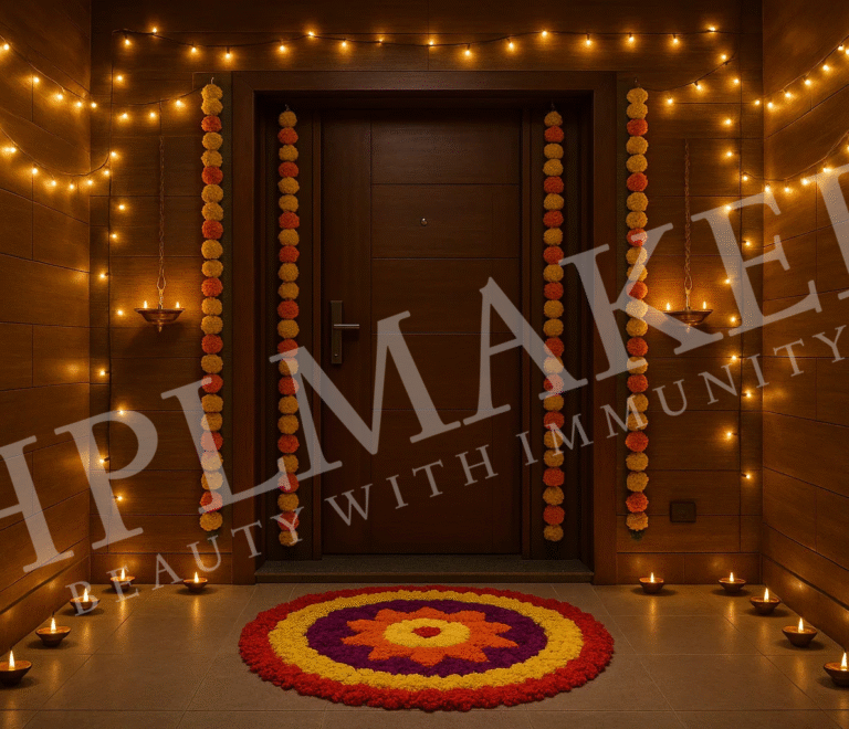 ndian festive home entrance with HPL sheet cladding, diyas, lights, and flower rangoli.