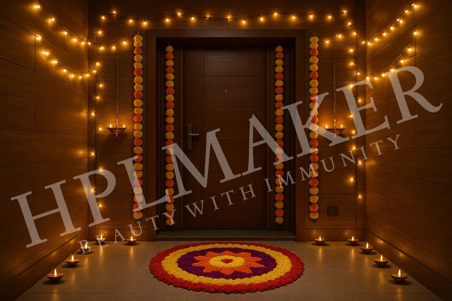 ndian festive home entrance with HPL sheet cladding, diyas, lights, and flower rangoli.