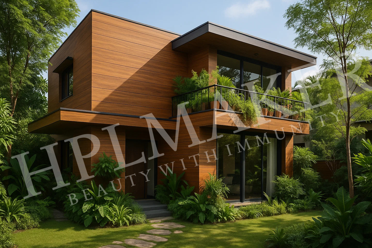 “Biophilic design home with greenery and HPL Maker cladding, sustainable architecture.”