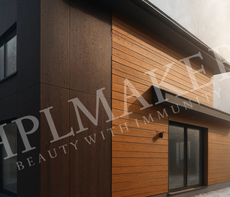 Modern home exterior with HPLMaker wood-finish panels resisting winter moisture.