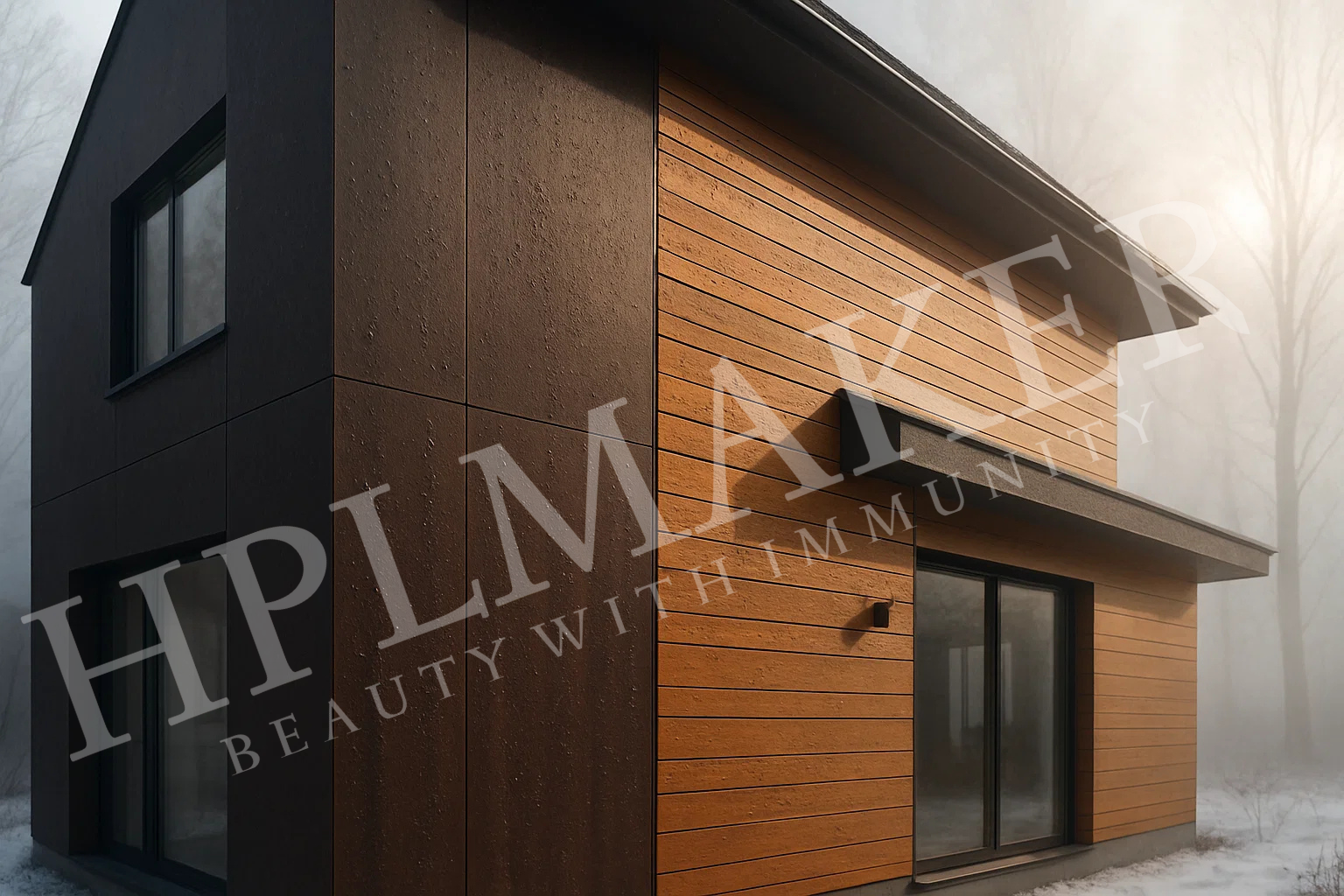 Modern home exterior with HPLMaker wood-finish panels resisting winter moisture.