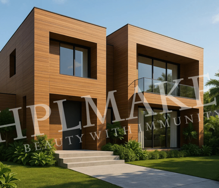 Modern villa exterior with HPLMaker wood-finish panels under daylight.