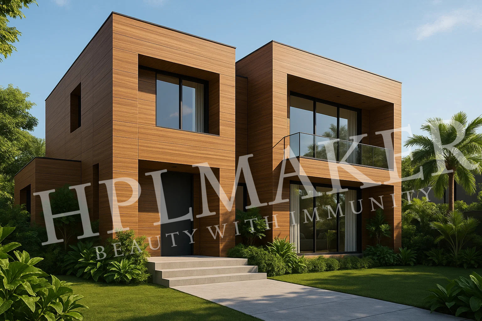 Modern villa exterior with HPLMaker wood-finish panels under daylight.
