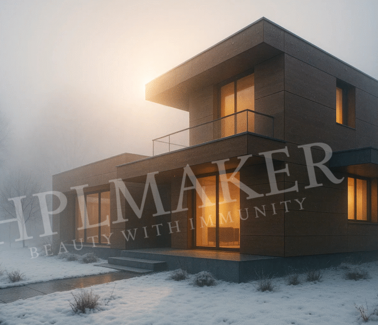 Modern home with HPLMaker weatherproof exterior panels during winter