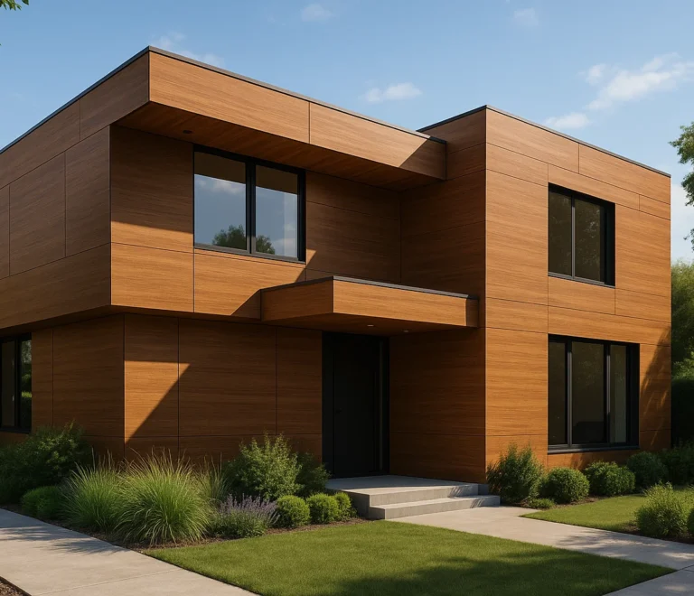 “Modern home exterior with HPLMaker wood-finish HPL sheets for stylish weatherproof design.”