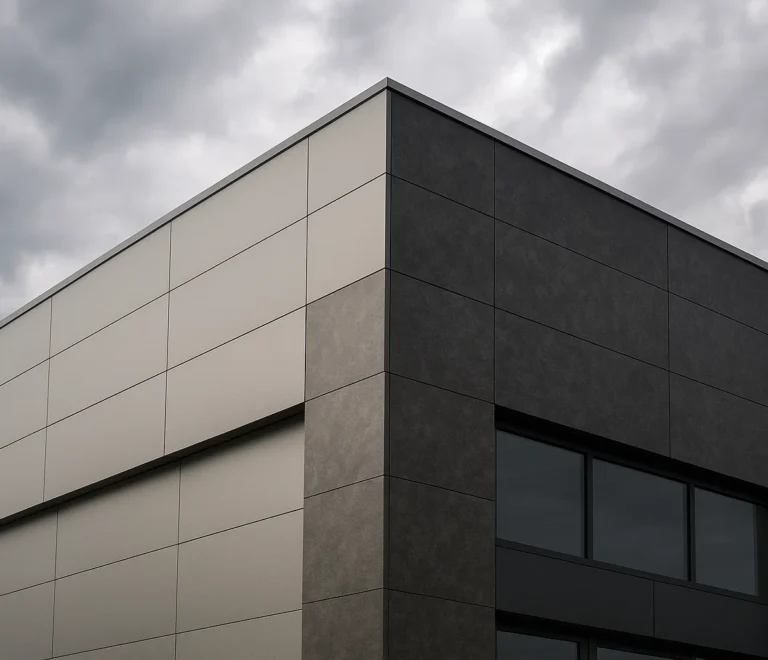 HPLMaker weather-resistant cladding on modern commercial exterior.”