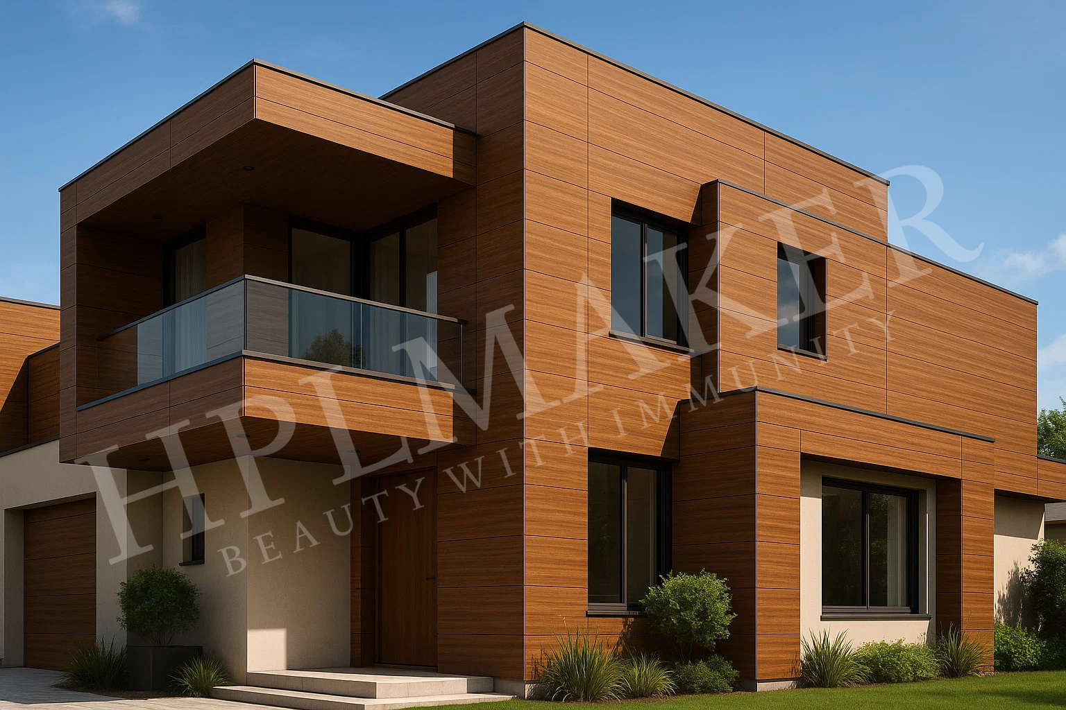 Modern home exterior with HPLMaker HPL sheets in wood finish