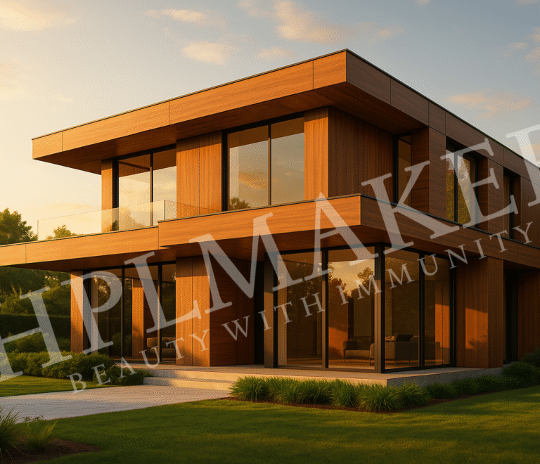 Modern luxury villa facade featuring wood-finish HPLMaker HPL sheets under sunset light.