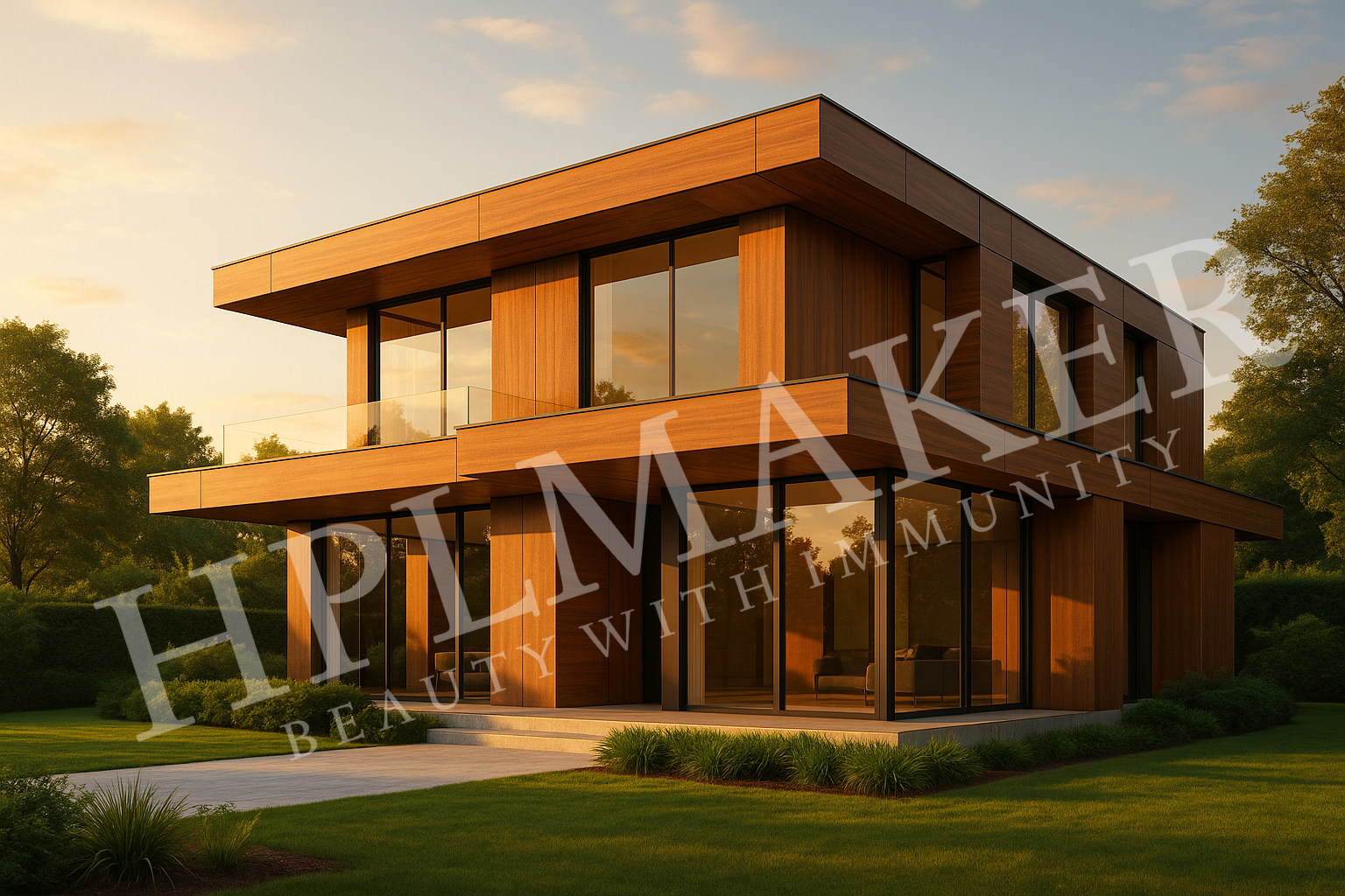 Modern luxury villa facade featuring wood-finish HPLMaker HPL sheets under sunset light.