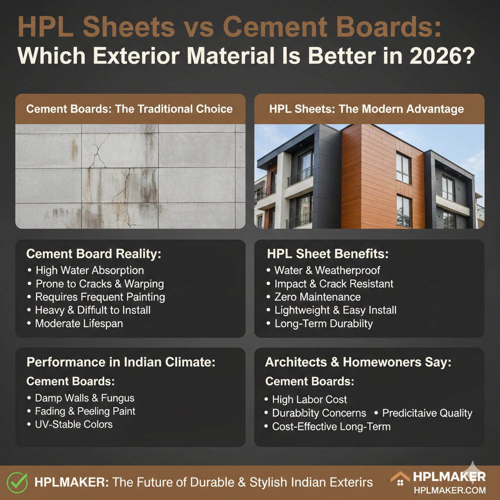 Exterior comparison of HPL sheets and cement boards on modern buildings