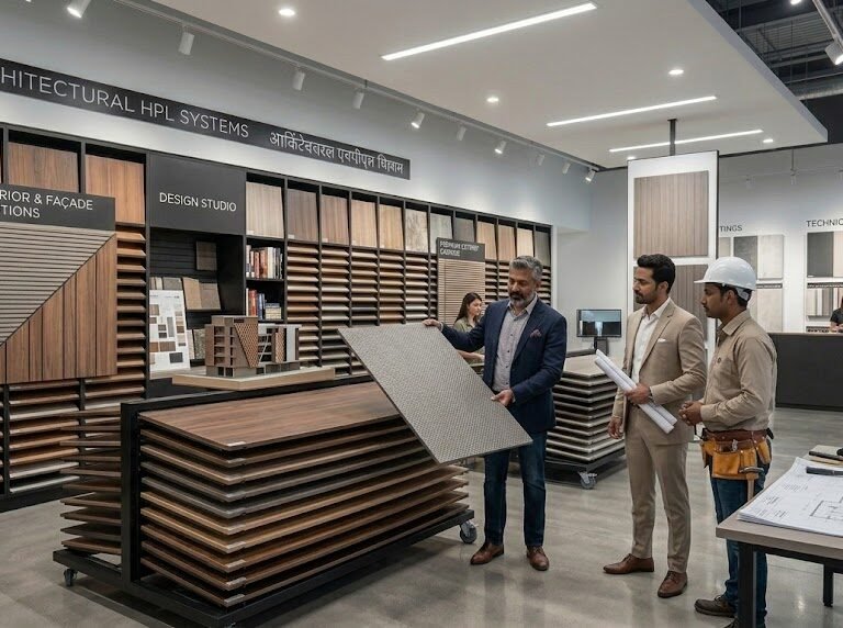 building material dealer showing HPLMaker premium HPL sheets in showroom