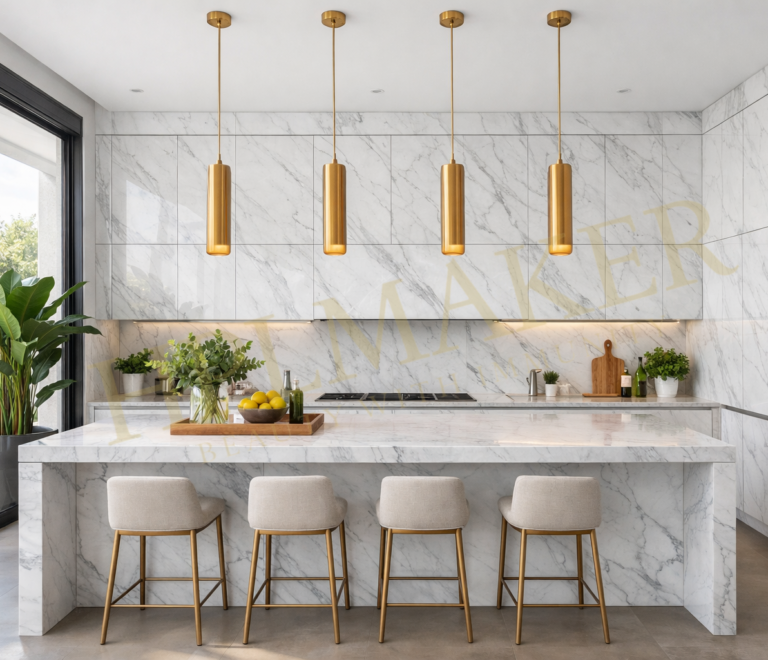 PLMaker's Carrara White marble finish HPL sheet transforms ordinary kitchens into luxury spaces.