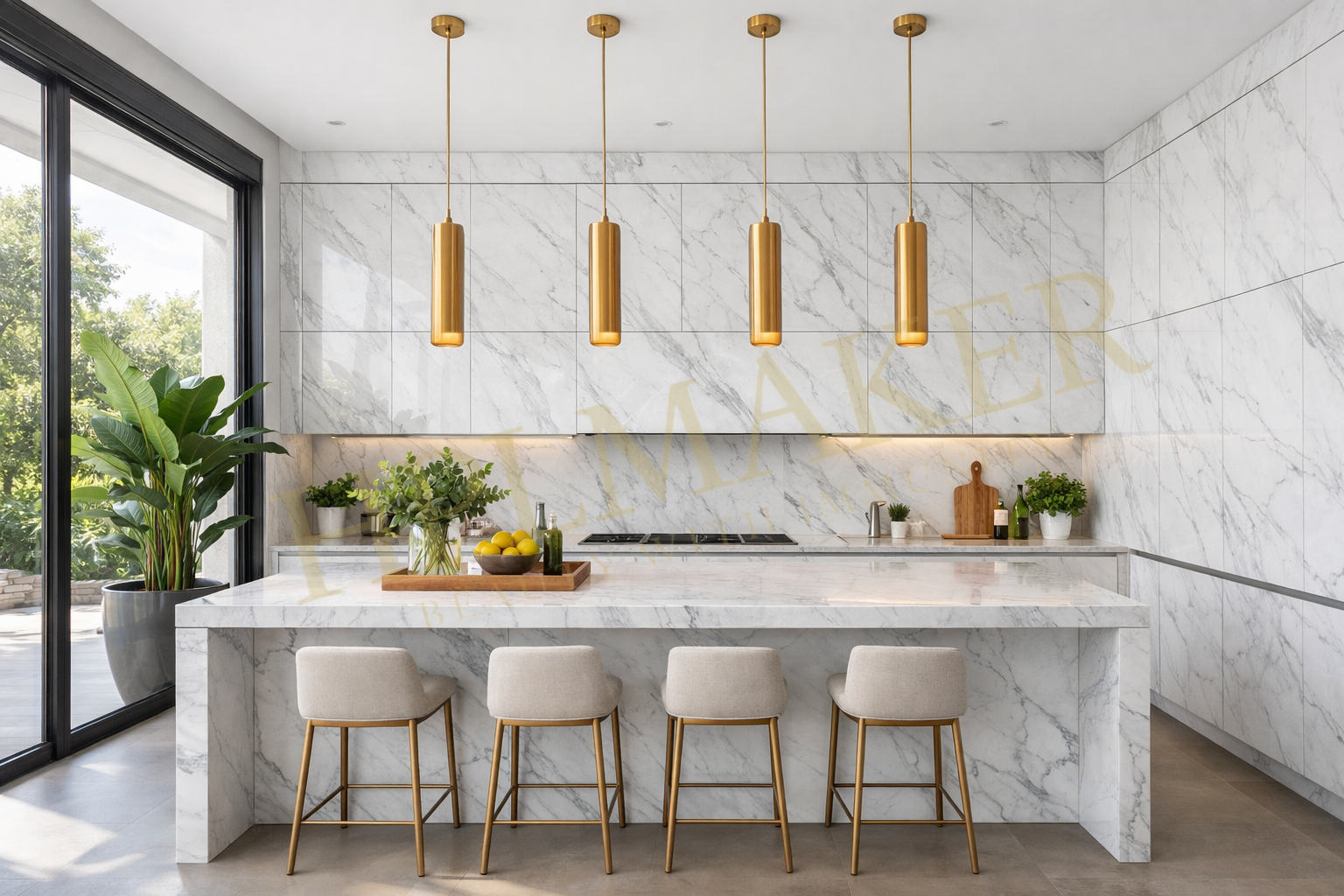PLMaker's Carrara White marble finish HPL sheet transforms ordinary kitchens into luxury spaces.