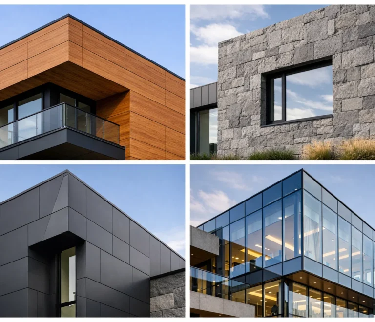 modern building facade with different exterior cladding materials