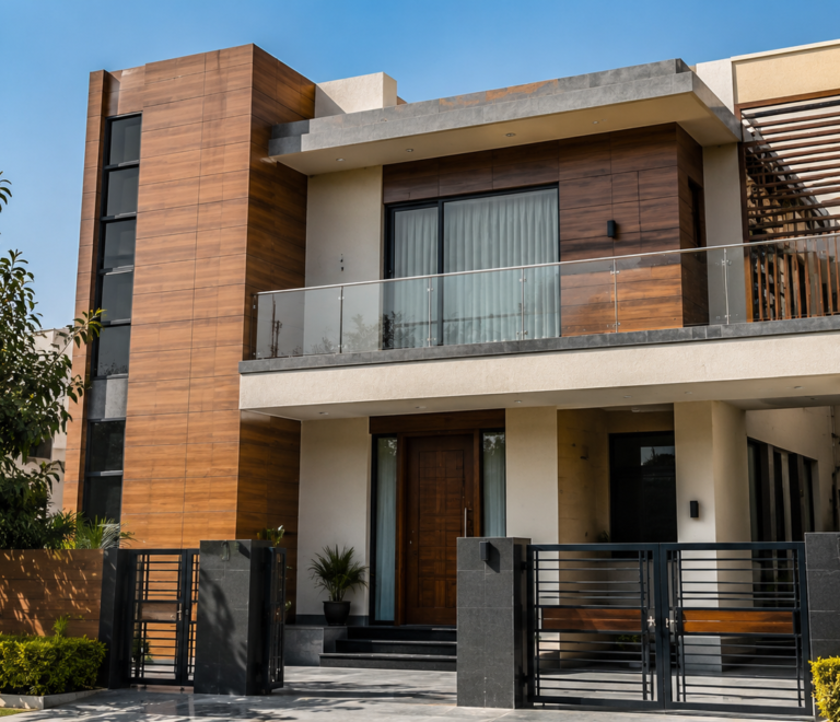 mm exterior HPL sheet on modern Indian house facade
