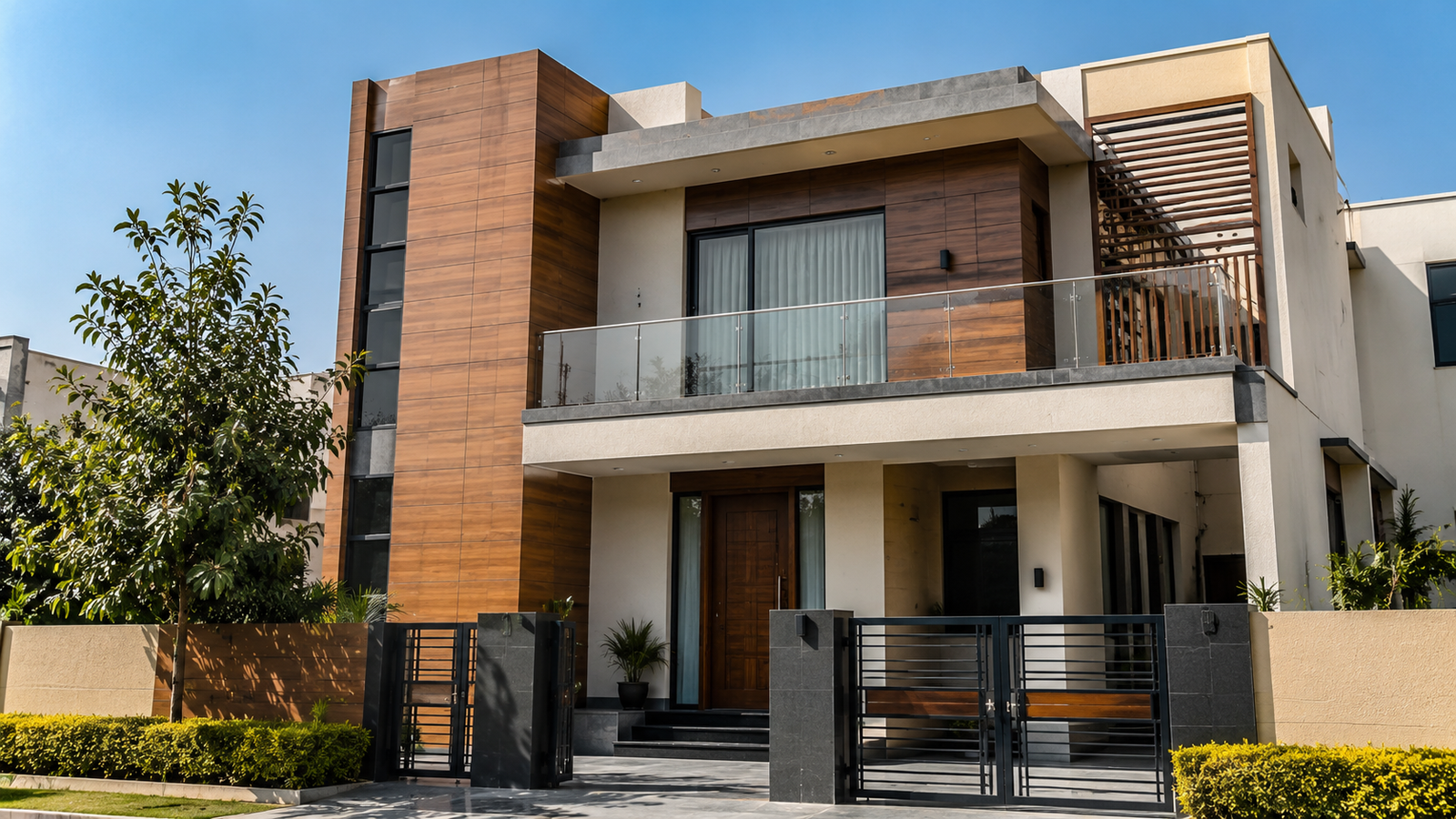mm exterior HPL sheet on modern Indian house facade
