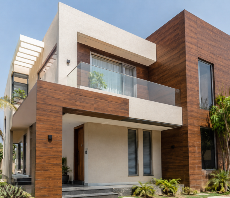 Exterior HPL sheet cladding on a modern Indian home