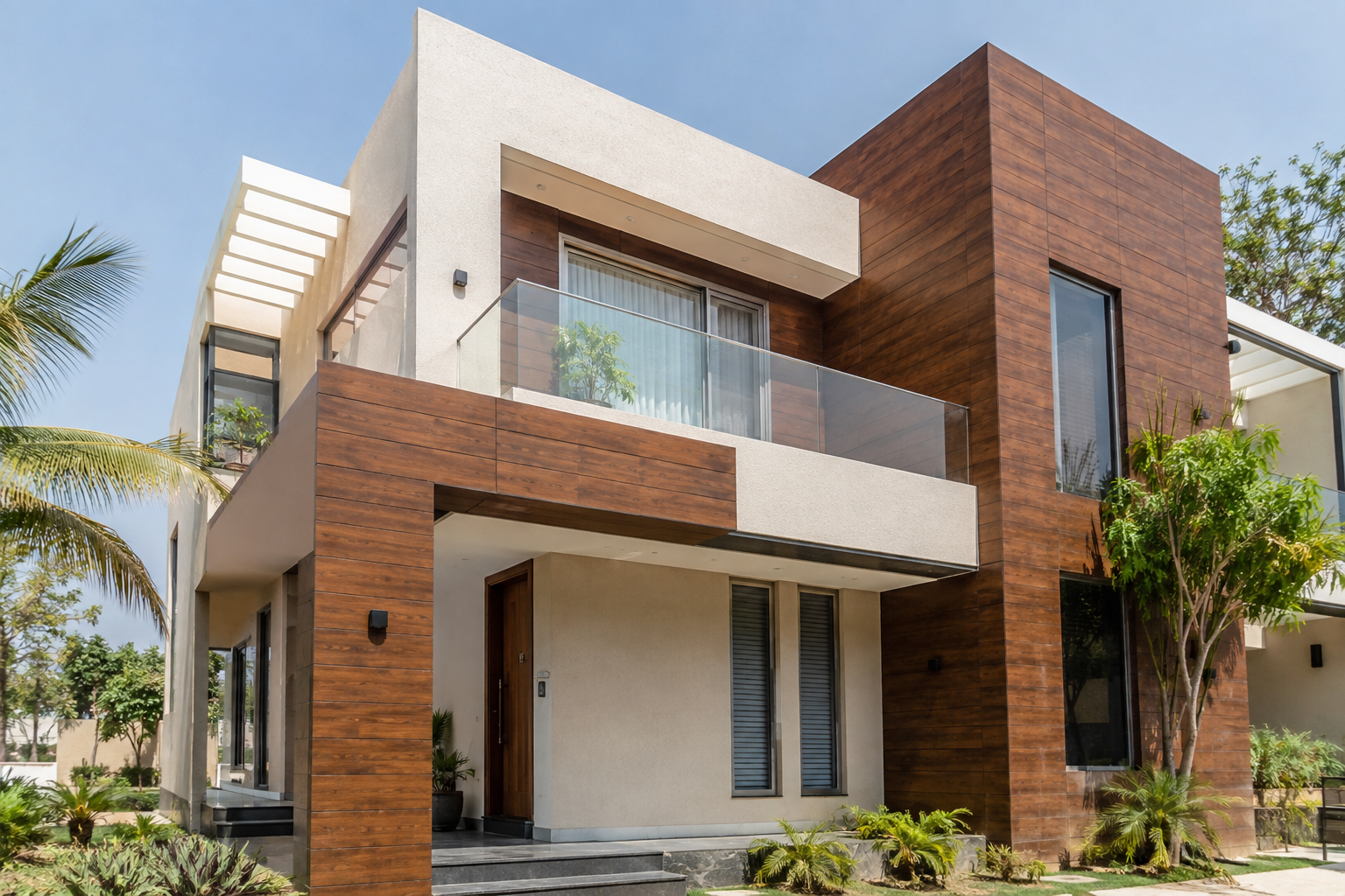 Exterior HPL sheet cladding on a modern Indian home
