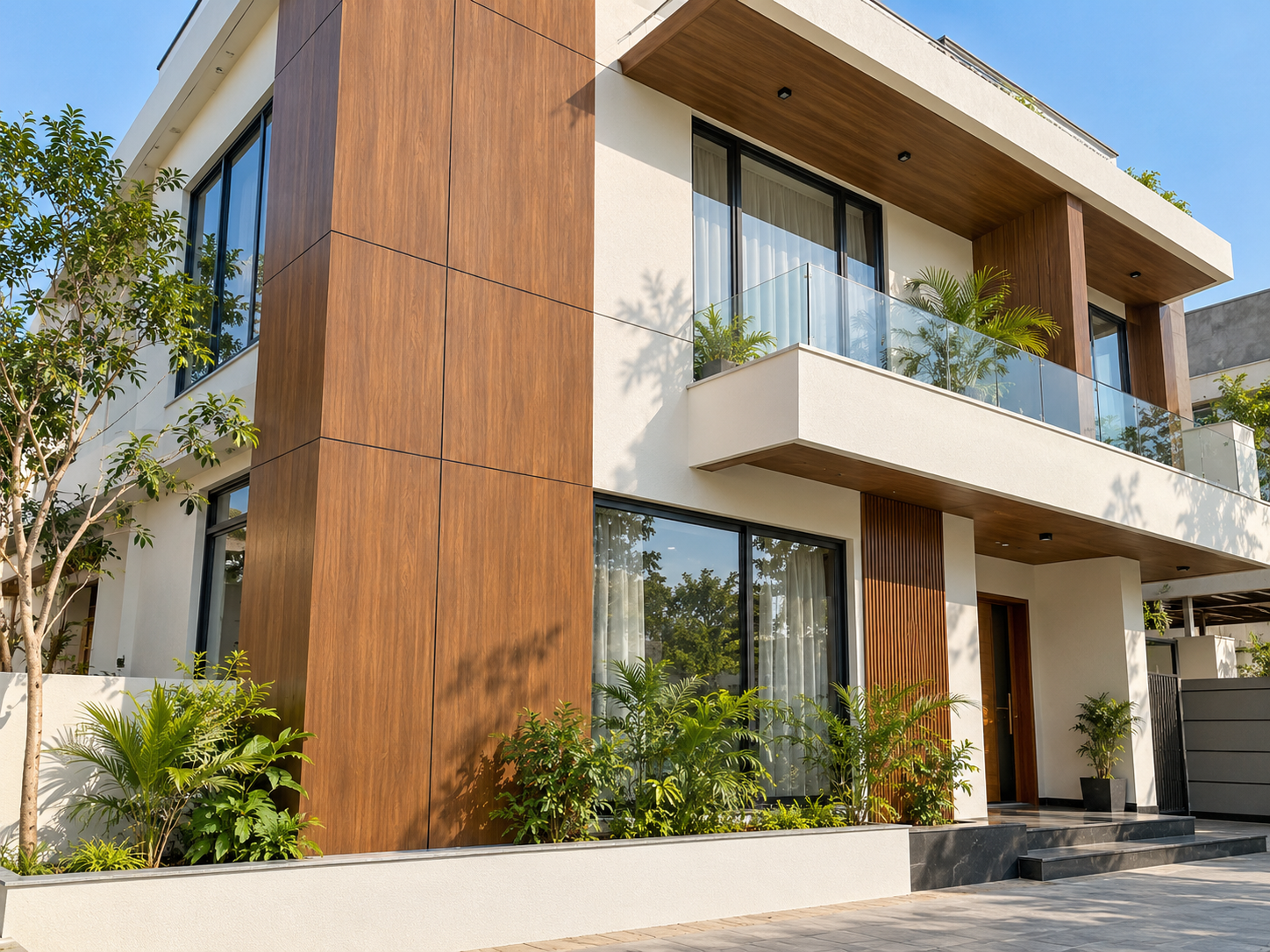Exterior HPL sheet cladding on modern house facade