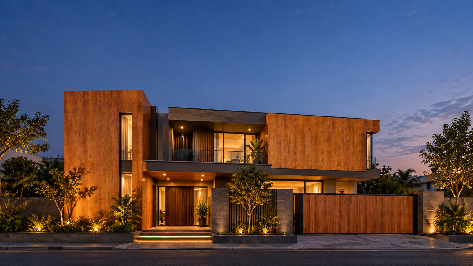Finished home with HPL facade at dusk