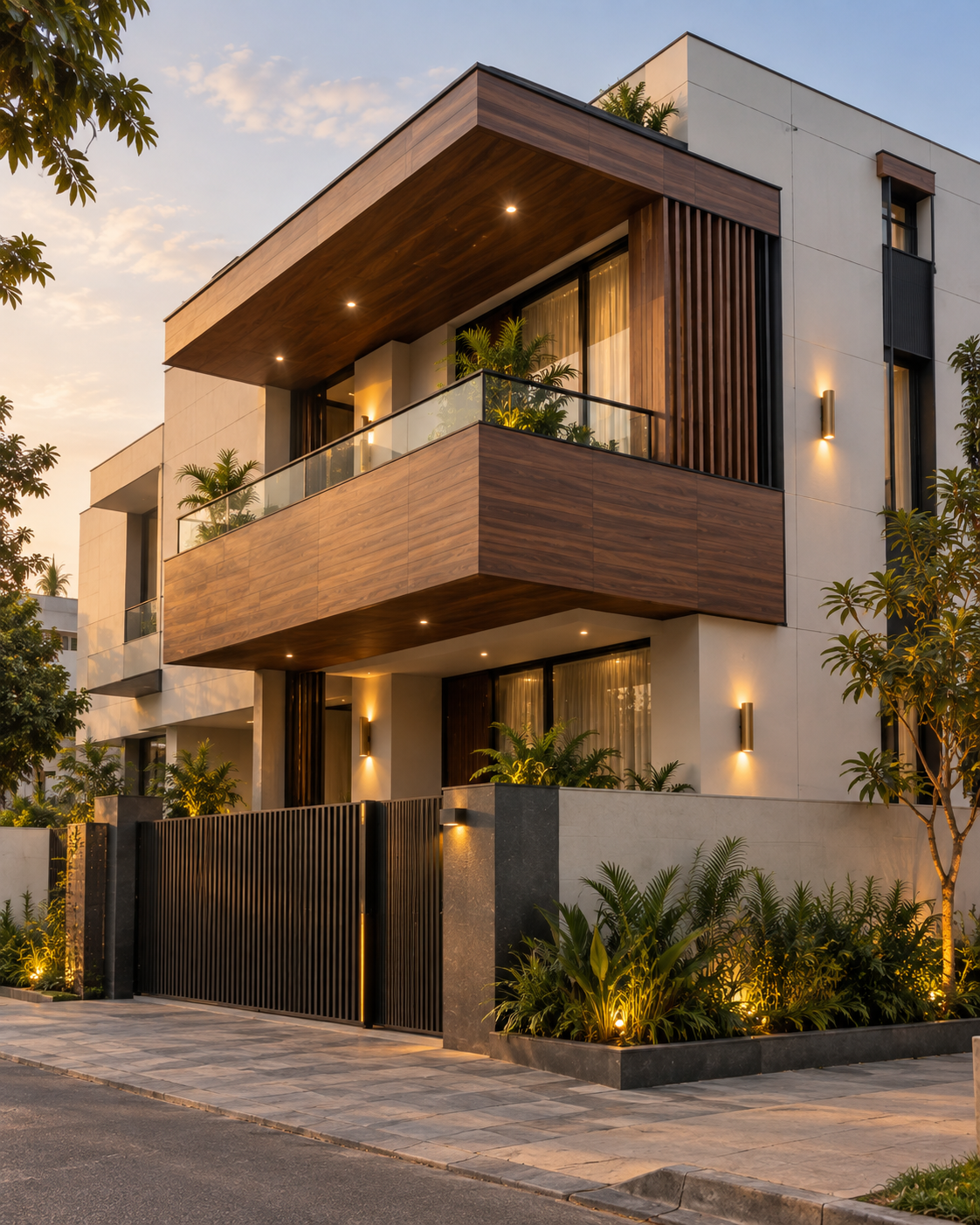 Finished home elevation with HPL cladding on the facade and balcony