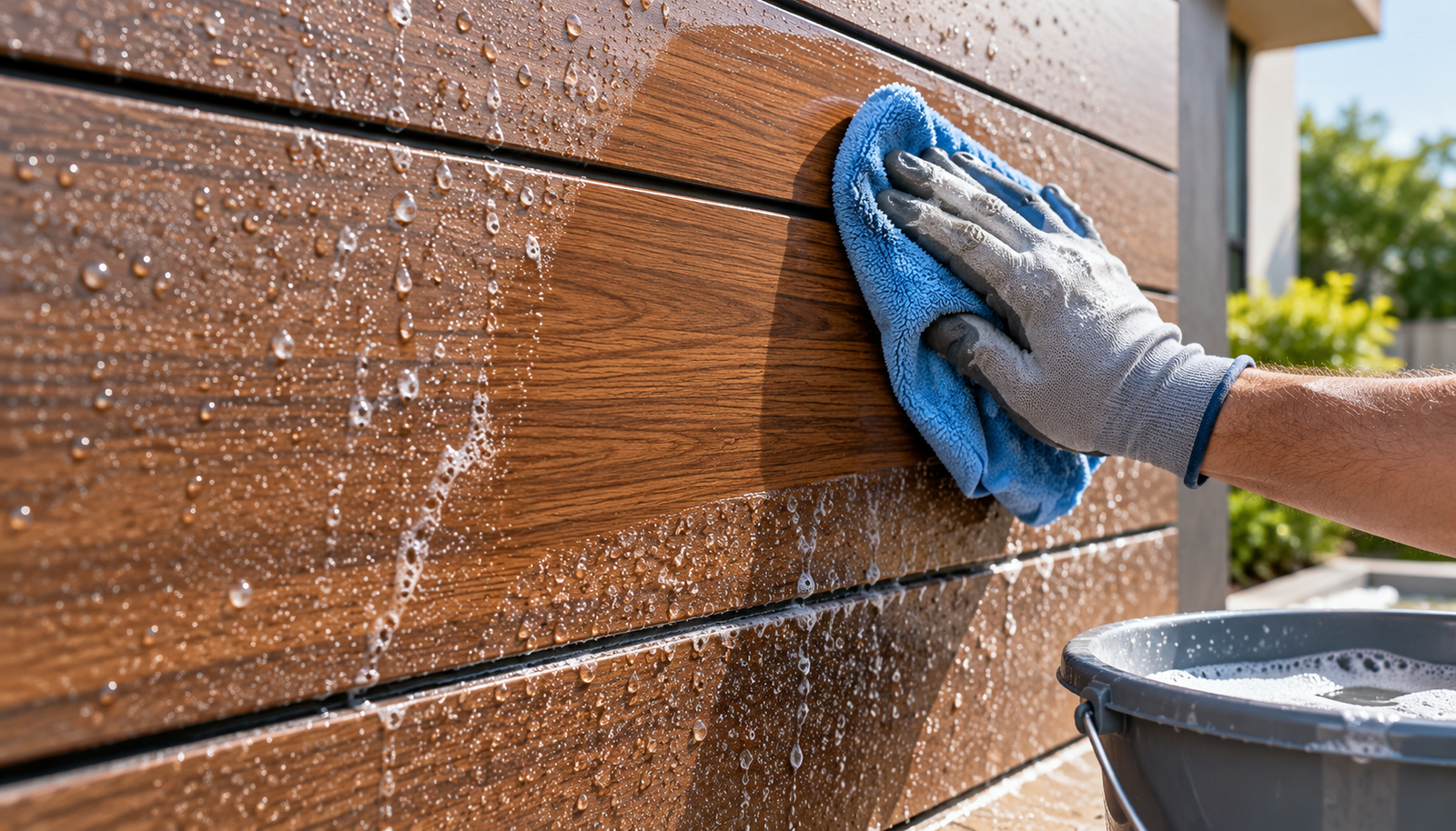 A gloved hand wiping an exterior HPL cladding panel with a soft cloth and mild detergent