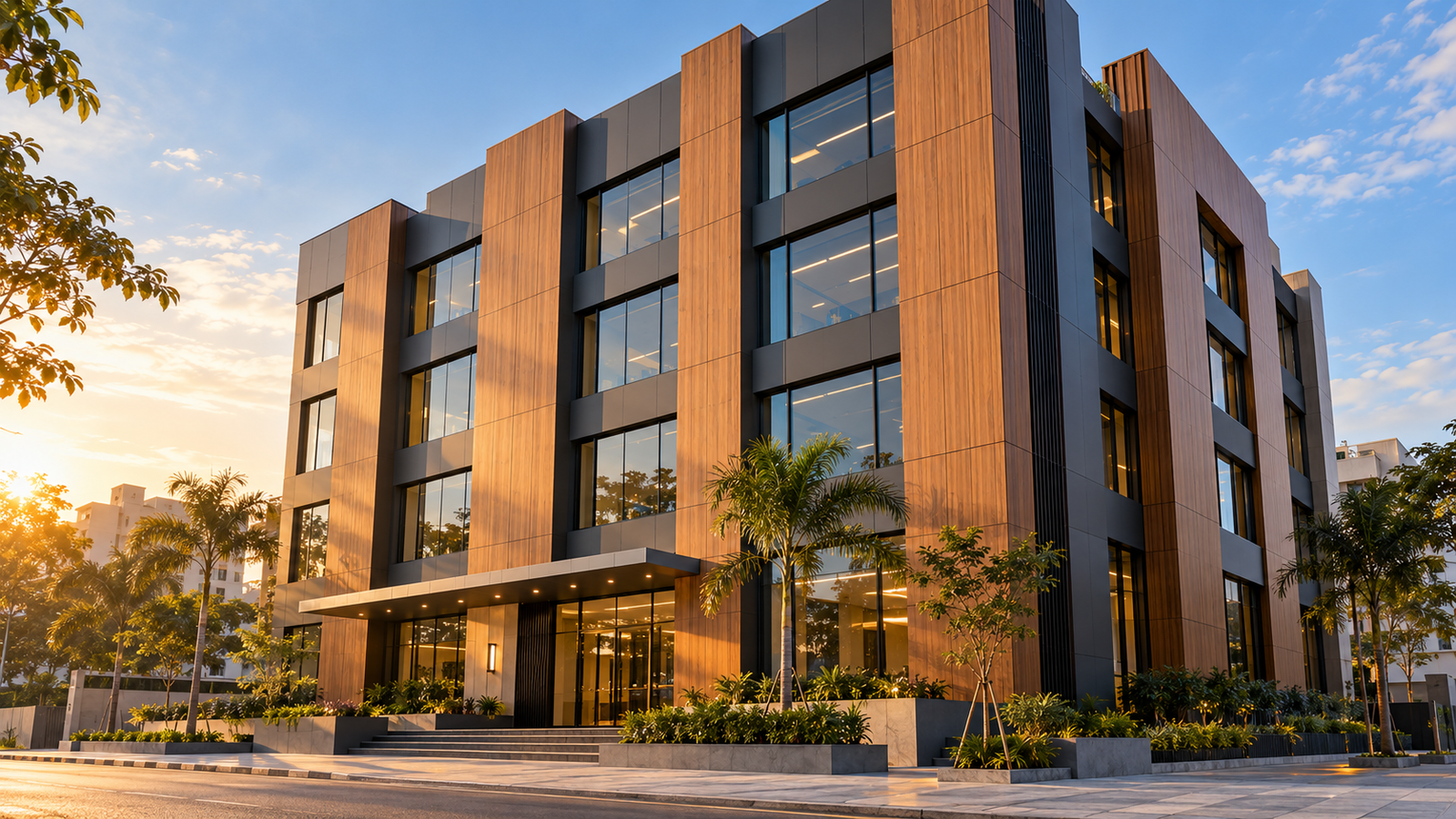 Modern commercial building facade with wooden and solid-colour exterior HPL panels